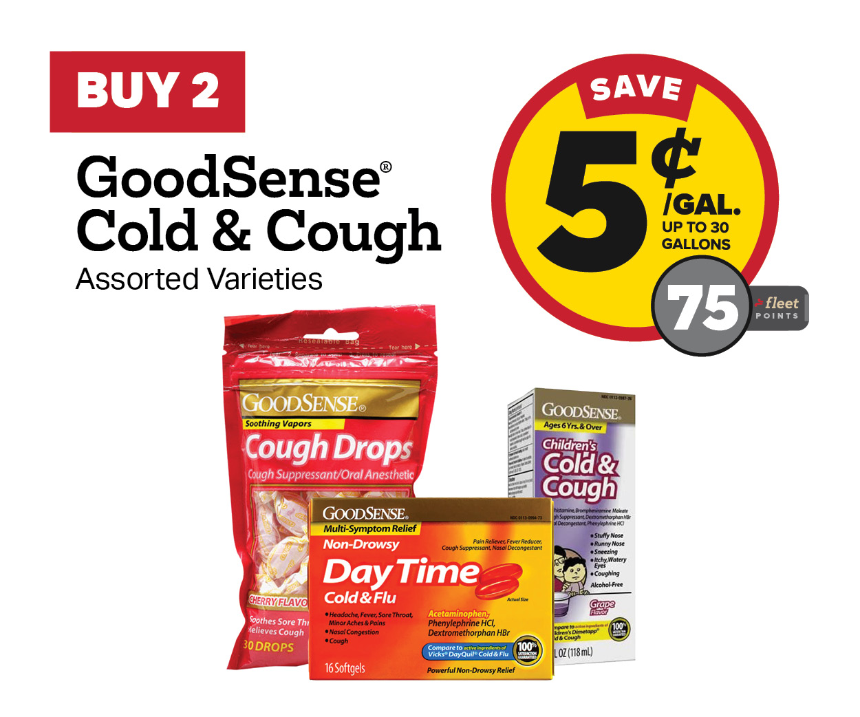 Buy 2 Good Sense Cough or Cold Earn 5 Cents Per Gallon or 75 Fleet Points