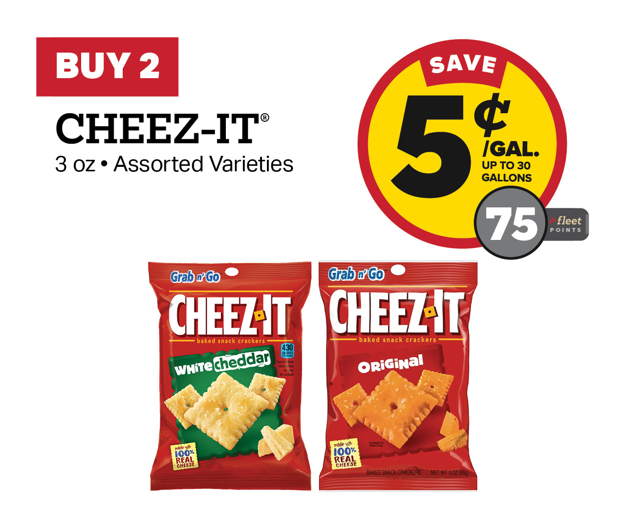 Buy 2 Cheez-It 3oz Earn 5 Cents Per Gallon or 75 Fleet Points