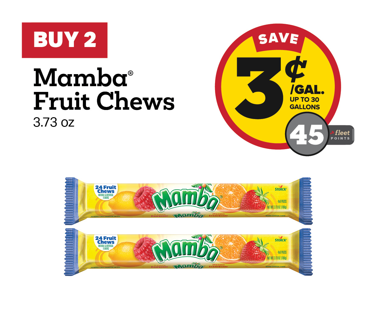 Buy 2 Mamba Fruit Chew 3.73oz Candy Earn 3 Cents Per Gallon or 45 Fleet Points