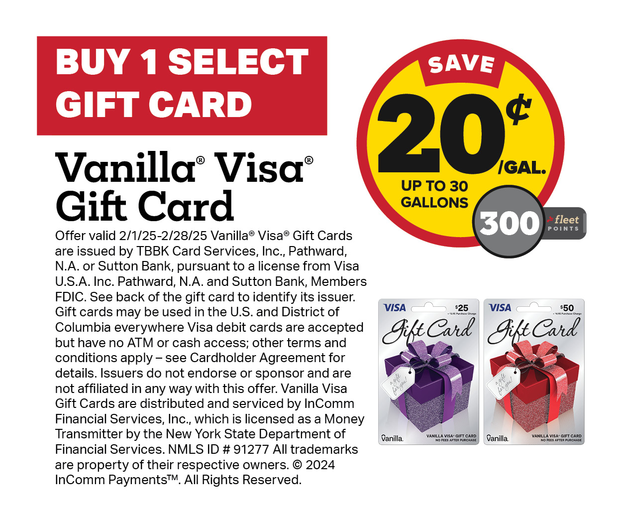 Buy 1 Vanilla Visa Gift Card Earn 20 Cents Per Gallon or 300 Fleet Points