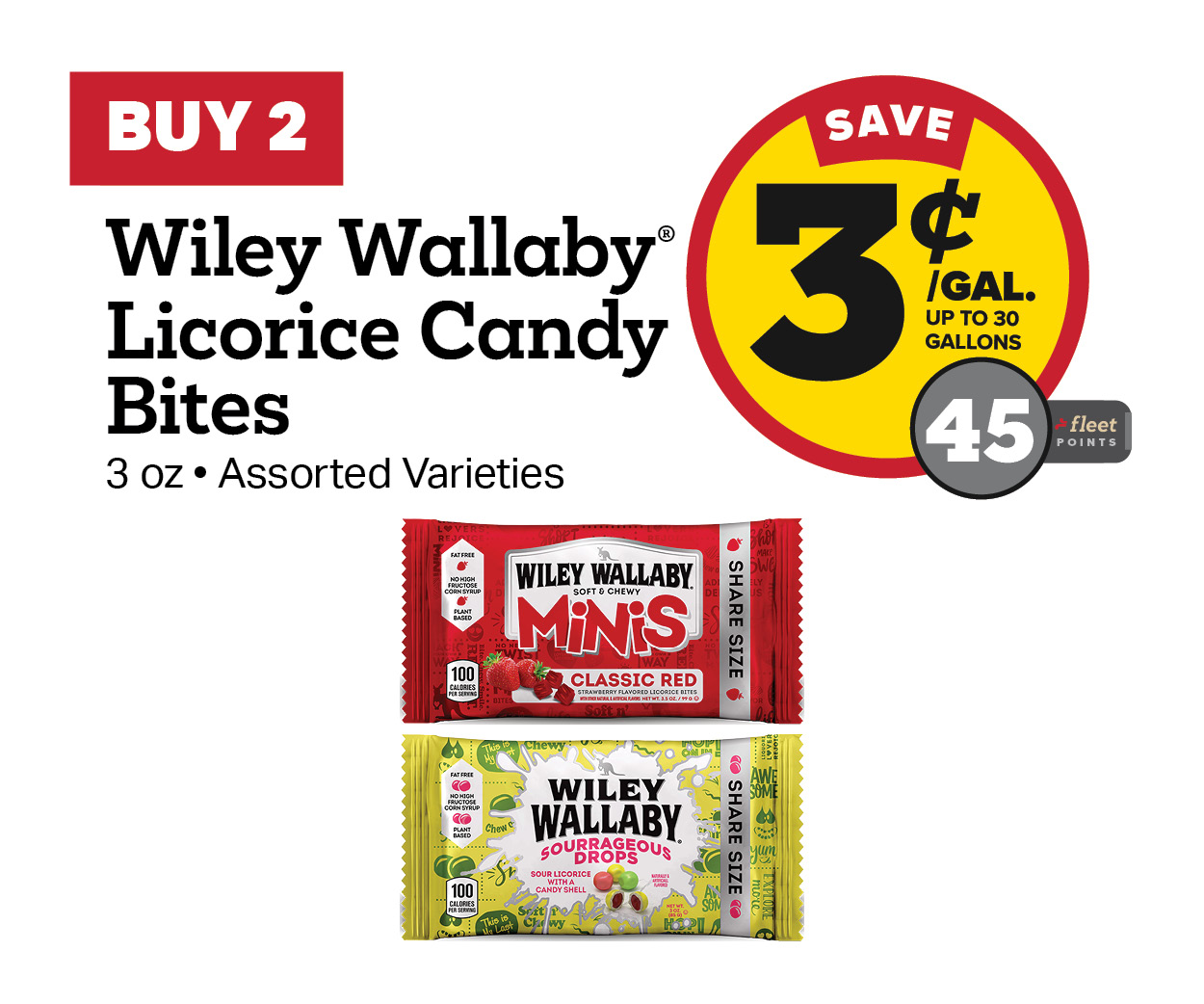 Buy 2 Wiley Wallaby Licorice Candy Bites Earn 3 Cents Per Gallon or 45 Fleet Points