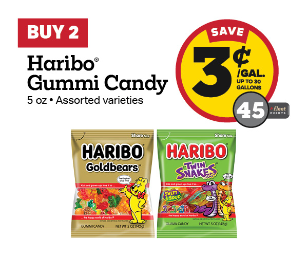 Buy 2 Haribo 5oz Peg Bags Earn 3 Cents Per Gallon or 45 Fleet Points