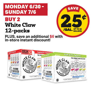 Buy 2 White Claw 12-Packs and receive a 25 cent fuel discount