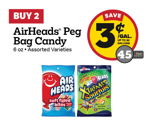 Buy 2 AirHeads Peg Bag 6oz Candy Earn 3 Cents Per Gallon or 45 Fleet Points