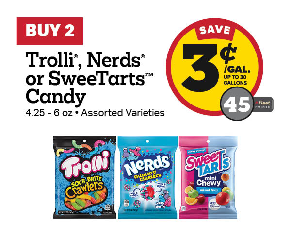 Buy 2 Trolli, Nerds, or SweeTarts 4.25-6oz Peg Bag Candy Earn 3 Cents Per Gallon or 45 Fleet Points