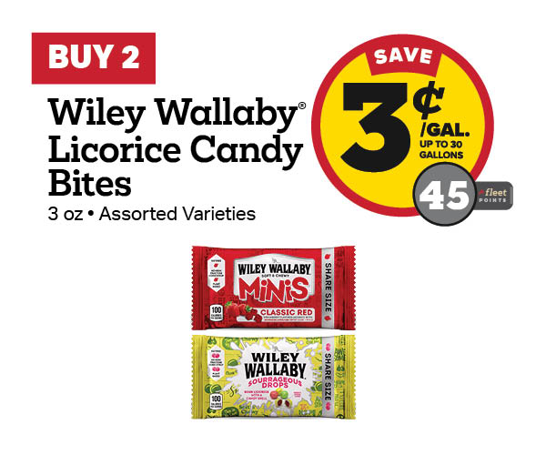 Buy 2 Wiley Wallaby Licorice Candy Bites Earn 3 Cents Per Gallon or 45 Fleet Points