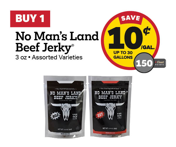 Buy 1 No Man's Land Jerky 3oz Earn 10 Cents Per Gallon or 150 Fleet Points