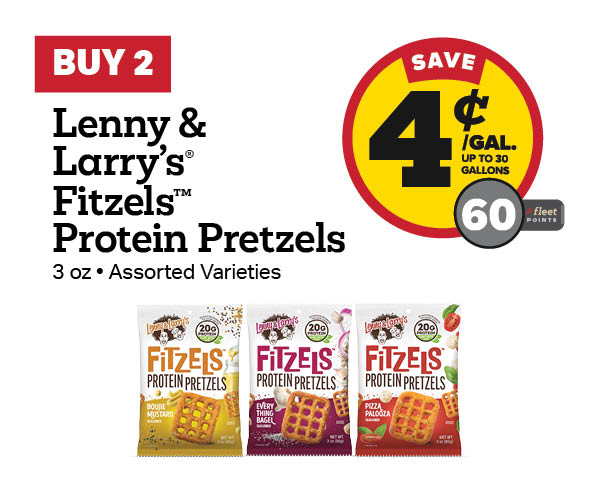 Buy 2 Lenny & Larry's Fitzels Protein Pretzels 3oz Earn 4 Cents Per Gallon or 60 Fleet Points