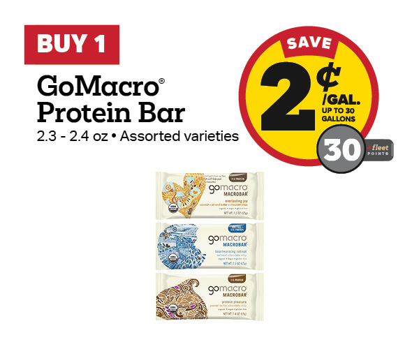 Buy 1 GoMacro Bars – 2¢/gal or 30 Fleet Points