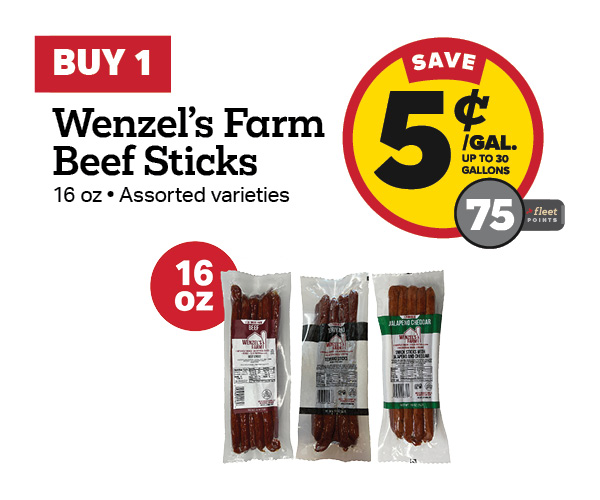 Buy 1 Wenzel's Farm 16oz Snack Sticks Earn 5 Cents Per Gallon or 75 Fleet Points