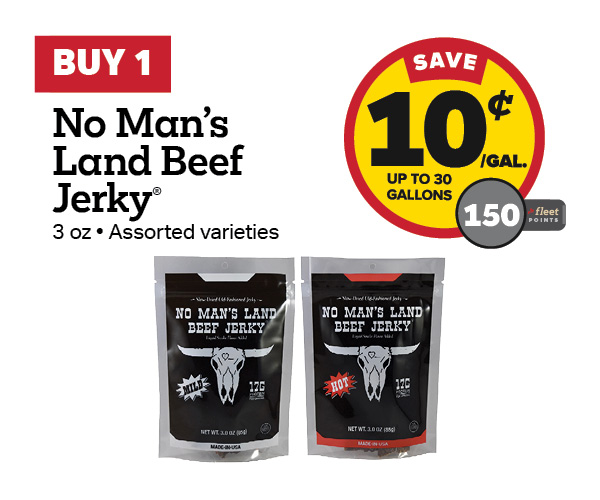 Buy 1 No Man's Land Jerky 3oz Earn 10 Cents Per Gallon or 150 Fleet Points