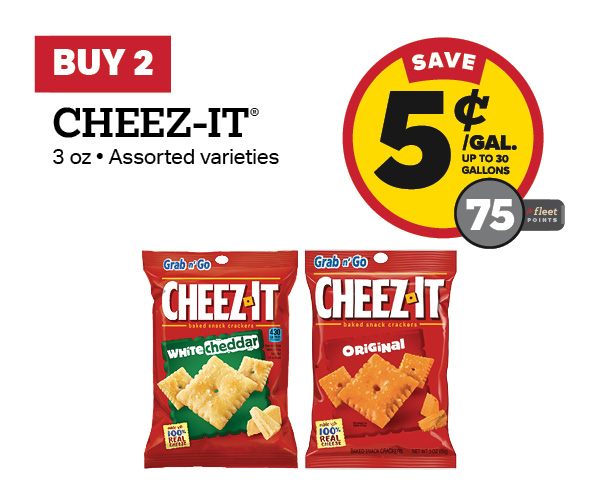 Buy 2 Cheez-It 3oz Earn 5 Cents Per Gallon or 75 Fleet Points