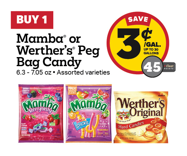Buy 1 Mamba or Werther's Peg Bag Candy 5.5-7.05oz Earn 3 Cents Per Gallon or 45 Fleet Points