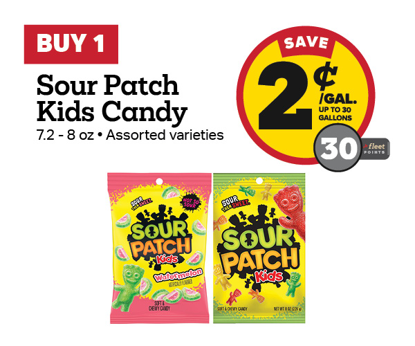 Buy 1 Sour Patch Kids Peg Bag Candy 7.2-8oz Earn 2 Cents Per Gallon or 30 Fleet Points