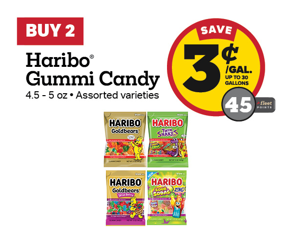 Buy 2 Haribo Gummi Candy 4.5-5oz Peg Bags Earn 3 Cents Per Gallon or 45 Fleet Points