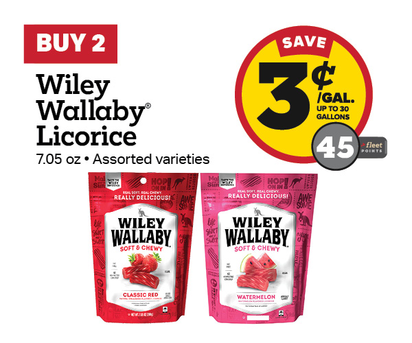 Buy 2 Wiley Wallaby Licorice 7.05oz Earn 3 Cents Per Gallon or 45 Fleet Points