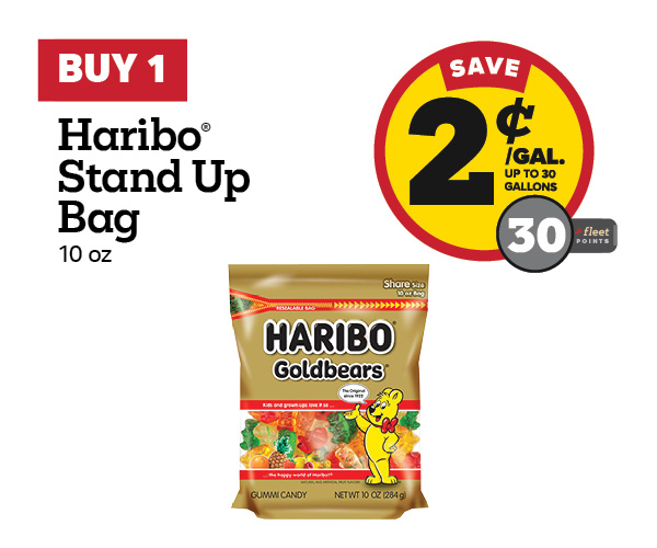 Buy 1 Haribo 10oz Stand Up Bags Earn 2 Cents Per Gallon or 30 Fleet Points