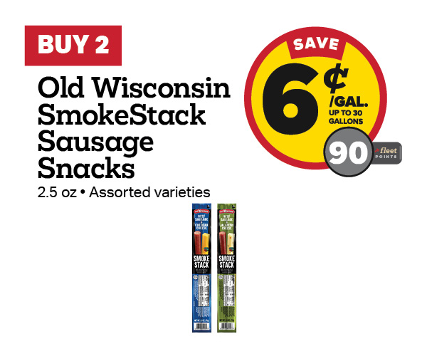 Buy 2 SmokeStack Sausage Sticks 2.5oz Earn 6 Cents Per Gallon or 90 Fleet Points