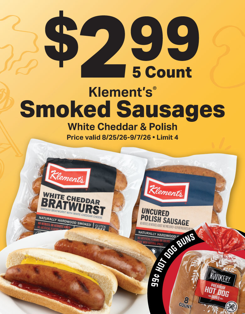 $2.99 klements sausages limit 4